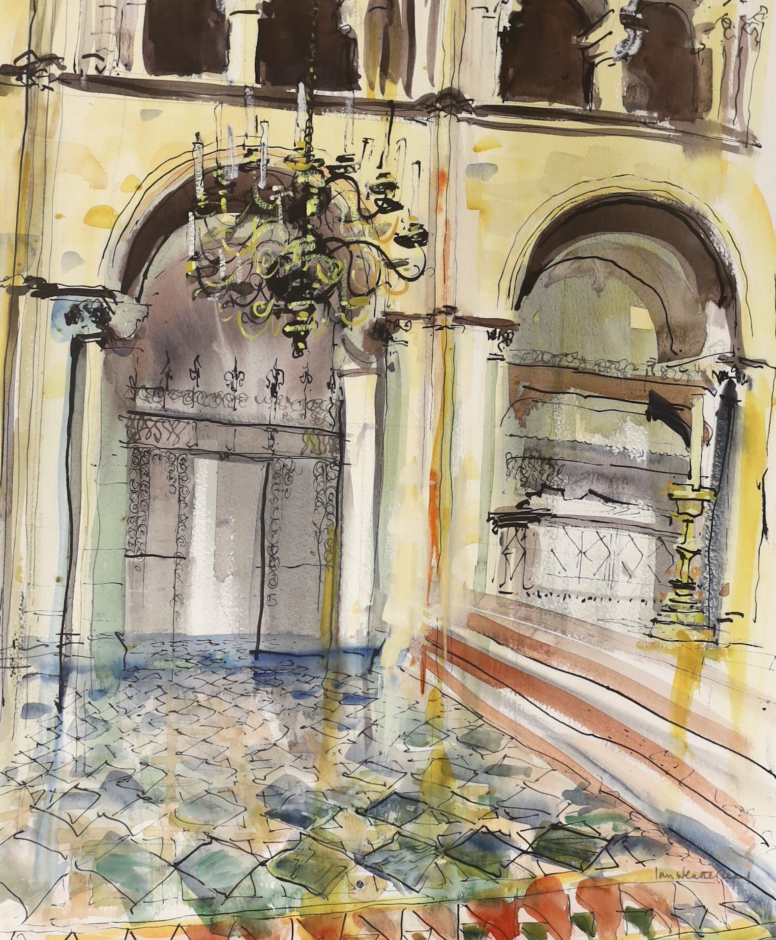 Ian Weatherhead (b.1932), ink and watercolour, Palazzo interior, signed, 50 x 40cm
